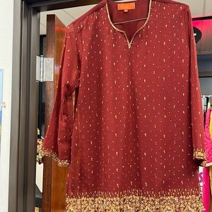 Tunic top with pants and scarf , color- blend of red and orange